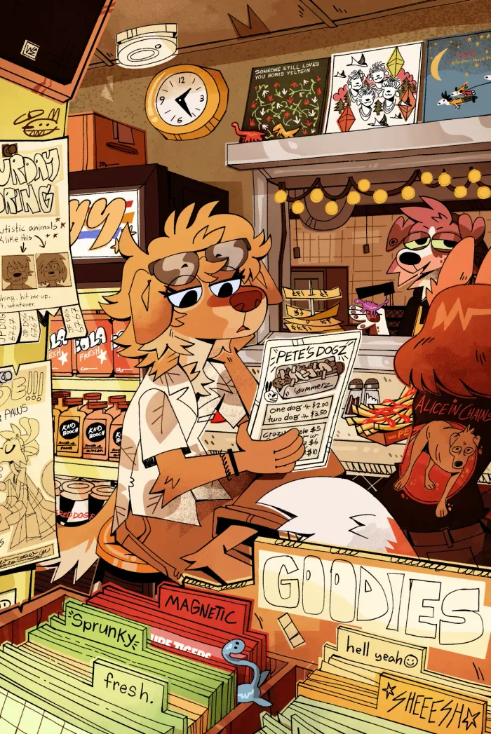 Illustration by Cocadope: a dog in sunglasses reads the menu at Pete's Dogz, a cluttered record-shop hot dog counter.
