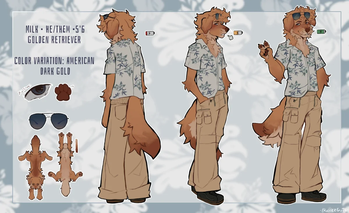 Character reference sheet for Milk, a golden retriever (he/them, 5 foot 6, American dark gold): three poses in a floral short-sleeve shirt, baggy khaki cargo pants and black sneakers, with aviator sunglasses, eye, paw-pad and fur markings detailed. Art by CrowzzGuts.